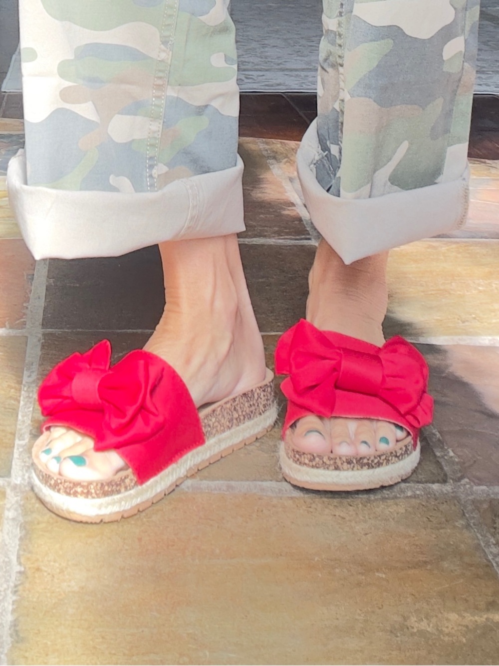 BAMBOO Red Bow Slide Sandals